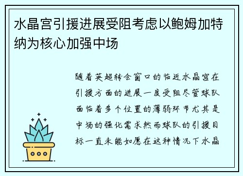 水晶宫引援进展受阻考虑以鲍姆加特纳为核心加强中场